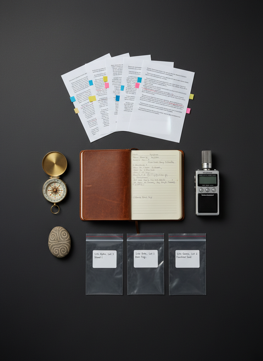 A meticulously arranged flat lay of symbolic anthropological objects on a matte charcoal background: a worn field notebook with frayed edges, a portable audio recorder, neatly labeled specimen bags, a compass, and a small stone artifact with intricate carvings. Beside them, printed ethnographic interview transcripts, each page marked with colored sticky notes and fine underlining. Overhead, diffused studio lighting creates even, shadow-soft illumination, emphasizing the textures of paper fibers, plastic, and stone. The mood is analytical and precise, conveying methodical research. Photographic realism from a perfectly top-down perspective, with balanced composition and generous negative space around the tools, suitable for a clean, modern, professional website hero image.